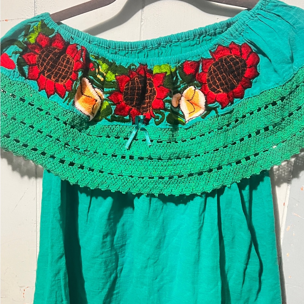 MEXICANA Teal Dress with Vibrant Floral Embroidery